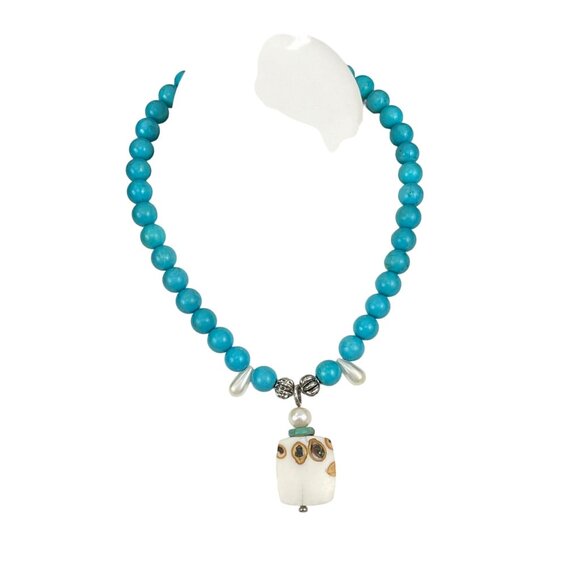 Handcrafted Faux Turquoise Bead Necklace With Unique Ceramic Pendant and Metal A - Picture 1 of 9